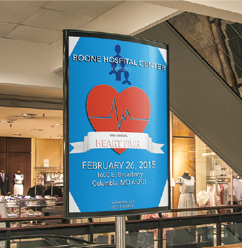 Event poster printed on matte stay flat polypropylene in clip-frame